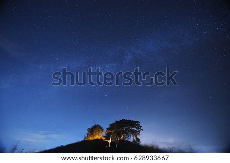 Night sky with the Milky Way over the forest and trees,Thailand.