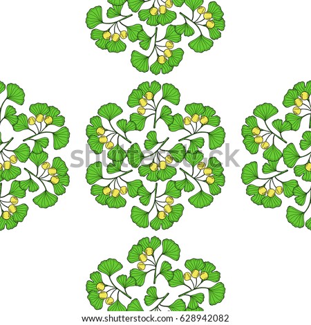 Ginkgo Biloba plant, leaf, branch, berry. Seamless pattern, medicinal plant. Hand drawn sketch illustration in color. 