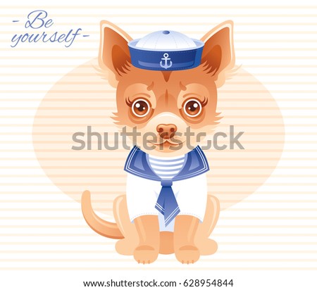 Summer travel fashion icon. Chihuahua hipster puppy dog in sweet sailor clothes, hat, costume. Pet cartoon vector illustration isolated on white background. Cute flat template poster flyer banner