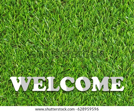 Welcome banner with text concept on green grass background