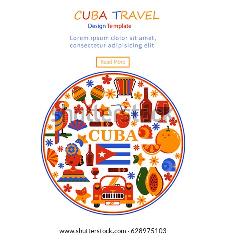 Commercial illustration. The tourism banner. Cuba. Havana. Flat icons of Cuban culture and food. Design in the shape of a circle. There is a place for text.