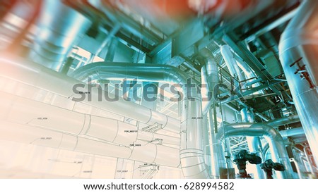 Sketch of piping design mixed with industrial equipment photo
