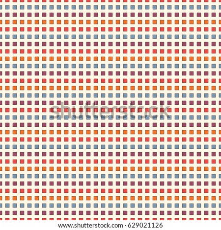 Seamless pattern with bright colors repeated squares. Horizontal dashed lines abstract background. Mosaic wallpaper. Minimalist geometric ornament. Digital paper, textile print, page fill. Vector art