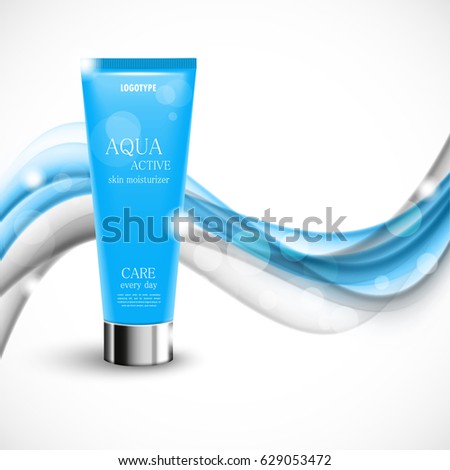 Skin moisturizer cosmetic design template with realistic bottle on blue and gray wavy soft transparent dynamic elegant lines background. Vector illustration