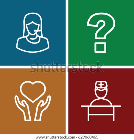 Help icons set. set of 4 help outline icons such as heart on hand, customer support, doctor