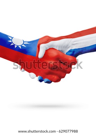 Flags Taiwan, Netherlands countries, handshake cooperation, partnership, friendship or sports team competition concept, isolated on white