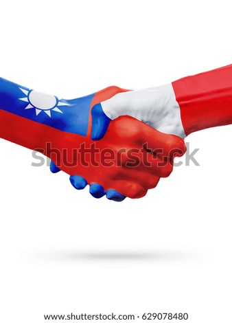 Flags Taiwan, France countries, handshake cooperation, partnership, friendship or sports team competition concept, isolated on white