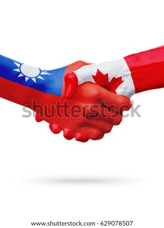 Flags Taiwan, Canada countries, handshake cooperation, partnership, friendship or sports team competition concept, isolated on white