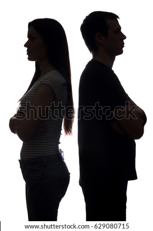 Faces women and men look in different directions, brother and sister - vertical silhouette