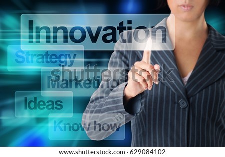 Businesswoman Hand Touching Virtual Screen, Modern Business and Innovation Background Concept