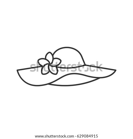 Women's beach hat with flower linear icon. Thin line illustration. Contour symbol. Vector isolated outline drawing