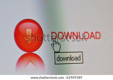Close-up of a interface computer download button and a hand mouse cursor