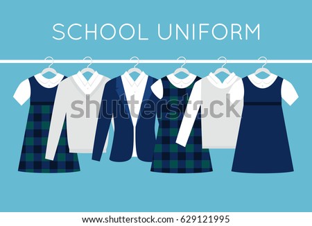 School or College Uniforms on Hangers in Line. Kids Clothes Vector Set Royalty-Free Stock Photo #629121995