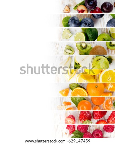 Top view of rainbow colorful mix stripes with fruit and slices; healthy eating concept; white space for text