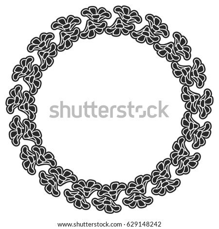 Black and white round frame with floral silhouettes. Copy space. Vector clip art.