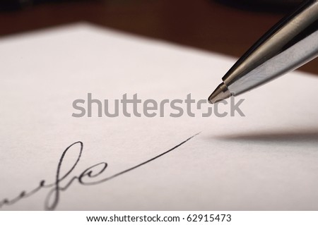 signature (imaginary, partal) and pen it maked by (as sign of success)
