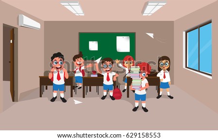 Classroom interior design with cartoon character of students.