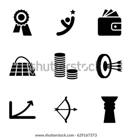 Success icons set. set of 9 success filled icons such as Wallet, award, graph, bow, move on map, trophy, arrows in target, winner