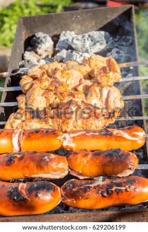 Frying shish kebab and grilled sausages on grill over hot coals