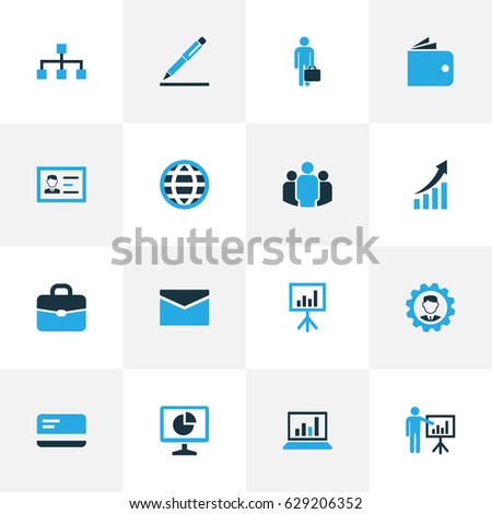 Trade Colorful Icons Set. Collection Of Authentication, Presentation, Statistics And Other Elements. Also Includes Symbols Such As Computer, Envelope, Man.