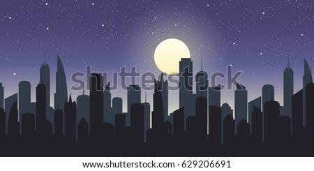 City Silhouette at Starry Night with Moon Light.Vector Illustration of City Skyline.