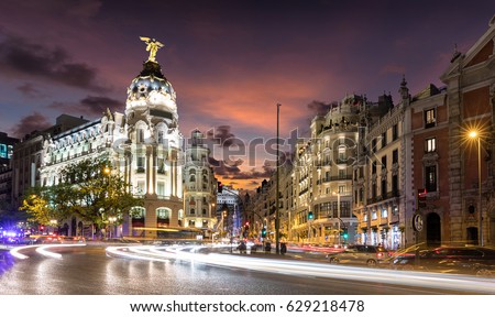 Gran Via Street in Madrid, Spain, after sunset Royalty-Free Stock Photo #629218478