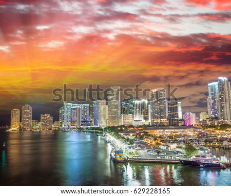 Skyline of Miami at sunset, Florida.