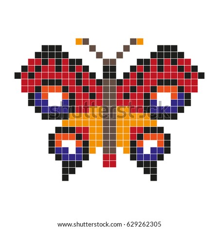 Red butterfly, pixel art style. Vector illustration