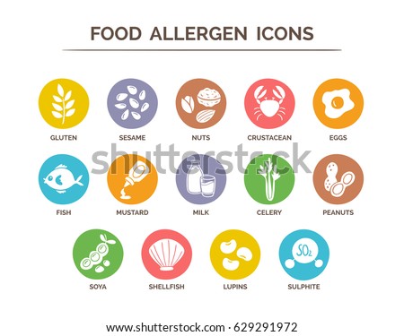 Food allergen icons set. 14 food ingredients that must be declared as allergens in the EU. EPS 10 vector. Useful for restaurants and meals. Royalty-Free Stock Photo #629291972