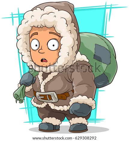 Cartoon cute little eskimo boy in grey hood with big green bag illustration