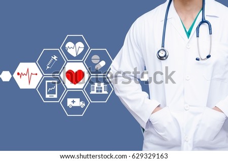 smart doctor with a stethoscope around his neck on color background and health care icon in hexagonal shaped pattern background, health care and medical technology concept