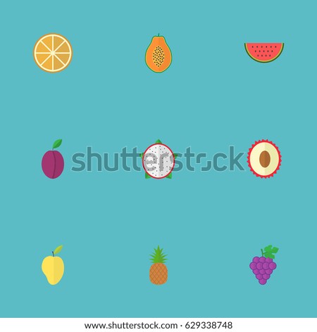 Flat Litchi, Mango, Pitaya And Other Vector Elements. Set Of Fruit Flat Symbols Also Includes Dragon, Mango, Slice Objects.