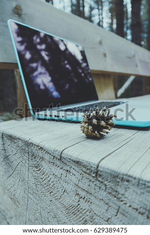 Freelancer laptop computer in the forest on the wooden textured table with cone, summertime. Photo depicts notebook computer in the woods, blurred forest green trees behind. Freelance work concept.