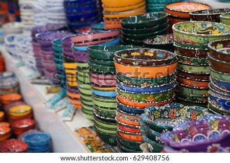 Turkish ceramics, porcelain dishes. Traditional Turkish dishes. Folk craft.