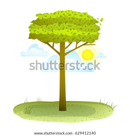 Lonely summer tree on lawn scenery background cartoon. Summer landscape with tree grass sun and clouds. Vector illustration.