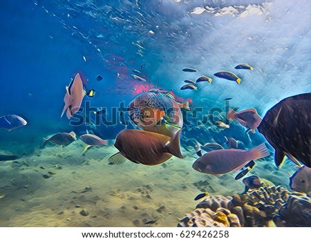 Underwater landscape with coral fish. Sunshine sea shore wildlife digital illustration. Warm sea fish in natural environment. Warm exotic island seashore. Vibrant undersea image of marine animals