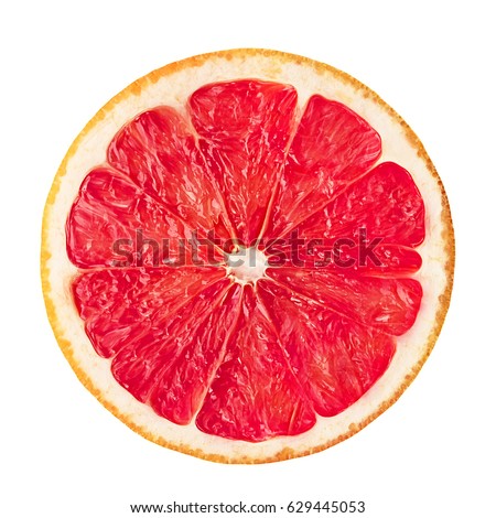 Pink ripe grapefruit slice on white isolated background Royalty-Free Stock Photo #629445053