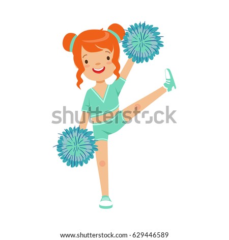 Cute little red haired girl dancing with blue pompoms. Colorful cartoon character vector Illustration