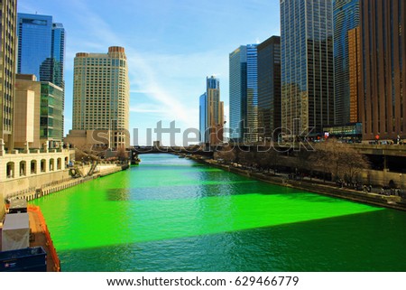 Chicago riverSt Patrick's daygreen river Royalty-Free Stock Photo #629466779