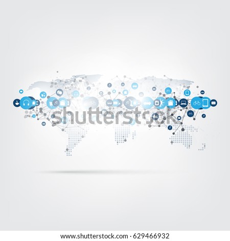 Internet of Things, Cloud Computing Design Concept with World Map and Icons - Digital Network Connections, Technology Background
