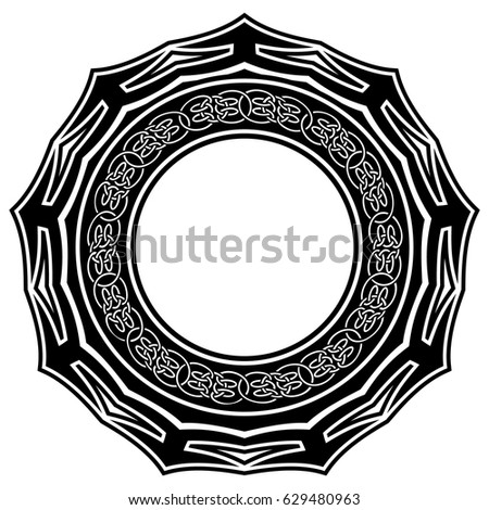 Abstract vector black and white illustration round beautiful frame with celtic knots. Decorative vintage ethnic mandala pattern. Design element for tattoo or logo.