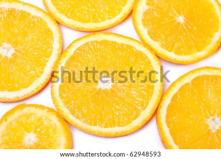 Juicy and fresh slice of orange on white isolated background. / Orange slices