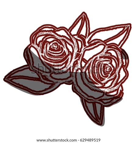 red contour with pair of roses with leaves vector illustration