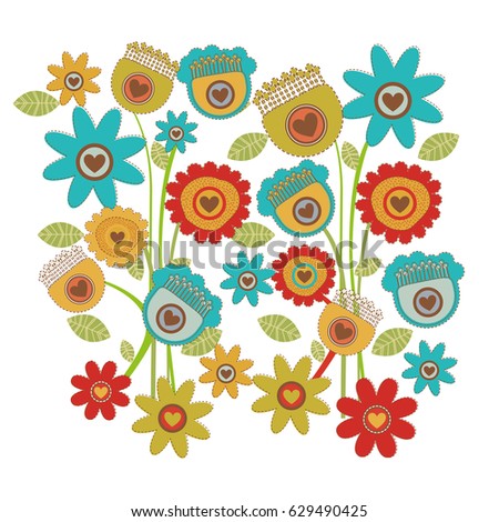 color background with set of retro flowers tulip sunflower and daisy vector illustration
