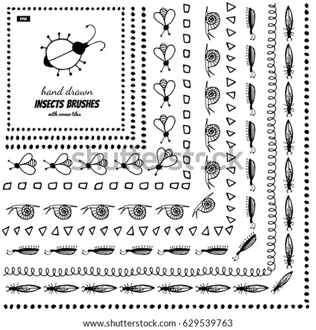 Set of Vector Doodle Pattern Brushes with Insects or Small Animals. Hand Drawn Ink Frames or Borders. Brushes are Included in EPS
