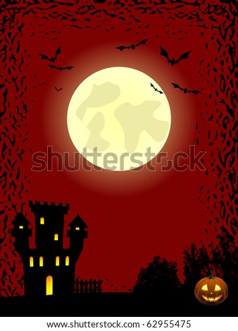 Full moon and bats over the haunted castle