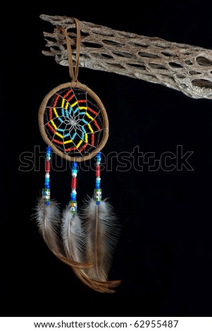 Native American dreamcatcher hanging from dried stick of cholla cactus against a black background.
