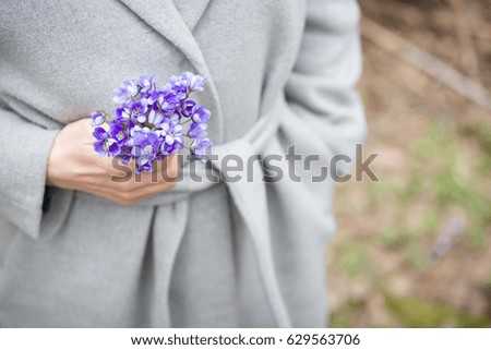 Closeup of woman's hands with small bunch of beautiful blue snowdrops. Spring mood. Girl with flowers.