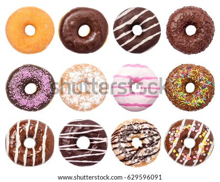 Donuts Set Isolated on White Background. You get different type of donuts: with chocolate, pink, with stripes,with syrup and sugar powder.  Royalty-Free Stock Photo #629596091