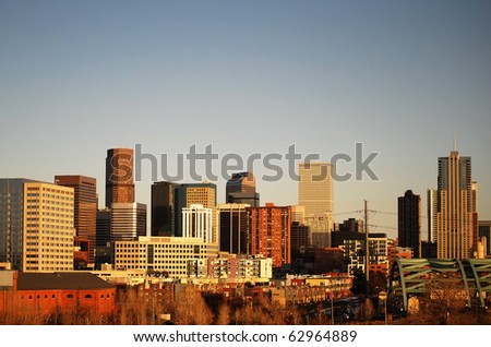 Skyline of Denver skycrapers. Big blue cloudless sky.